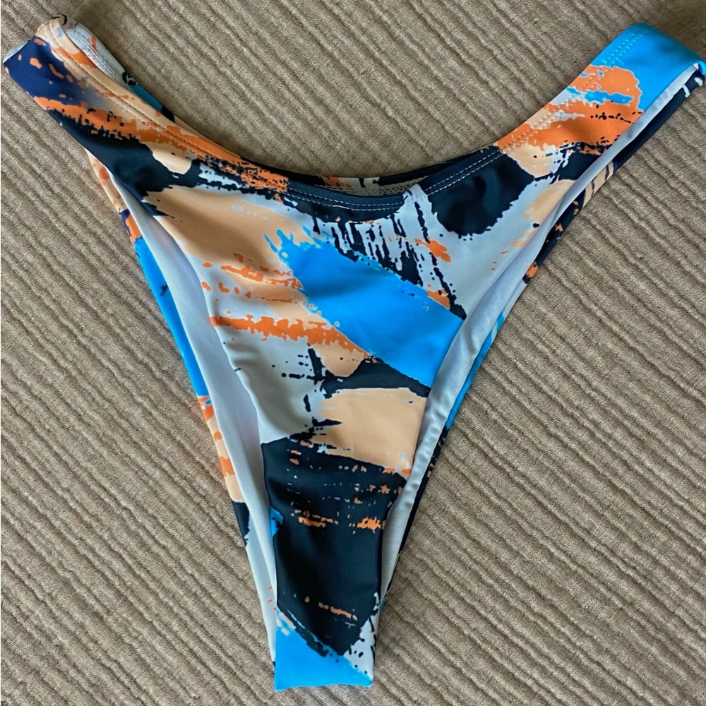 Blue & Orange Abstract Splash Print Bikini Bottom | Size Small